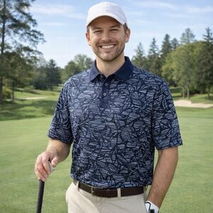 PGA Tour Men’s Navy Blue Tropical Print Short Sleeve Stretch Polo Golf Shirt L